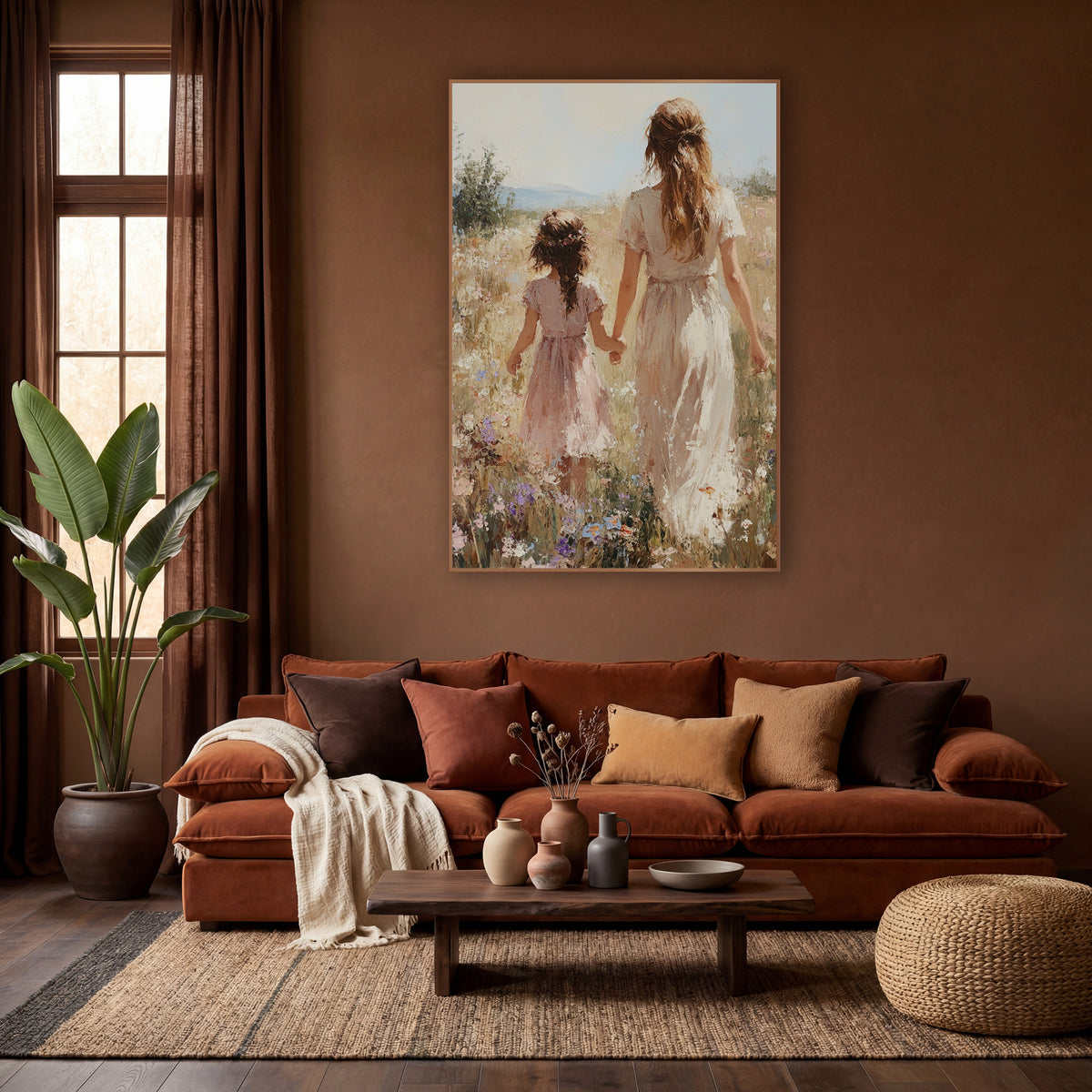 Sunlit Braided Girl Hillside Painterly wall art in a warm boho-style room – woman in cream dress and girl in pink