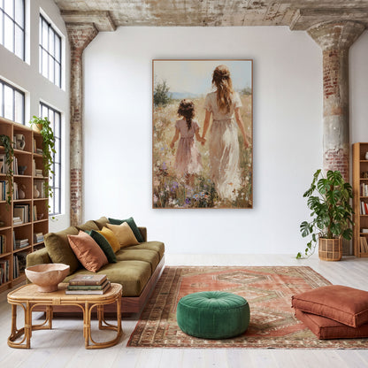 Sunlit Braided Girl Hillside Painterly wall art in a warm boho-style room – woman in cream dress and girl in pink