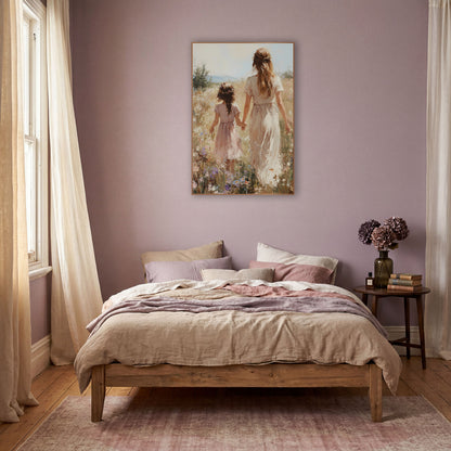 Sunlit Braided Girl Hillside Painterly wall art in a warm boho-style room – woman in cream dress and girl in pink