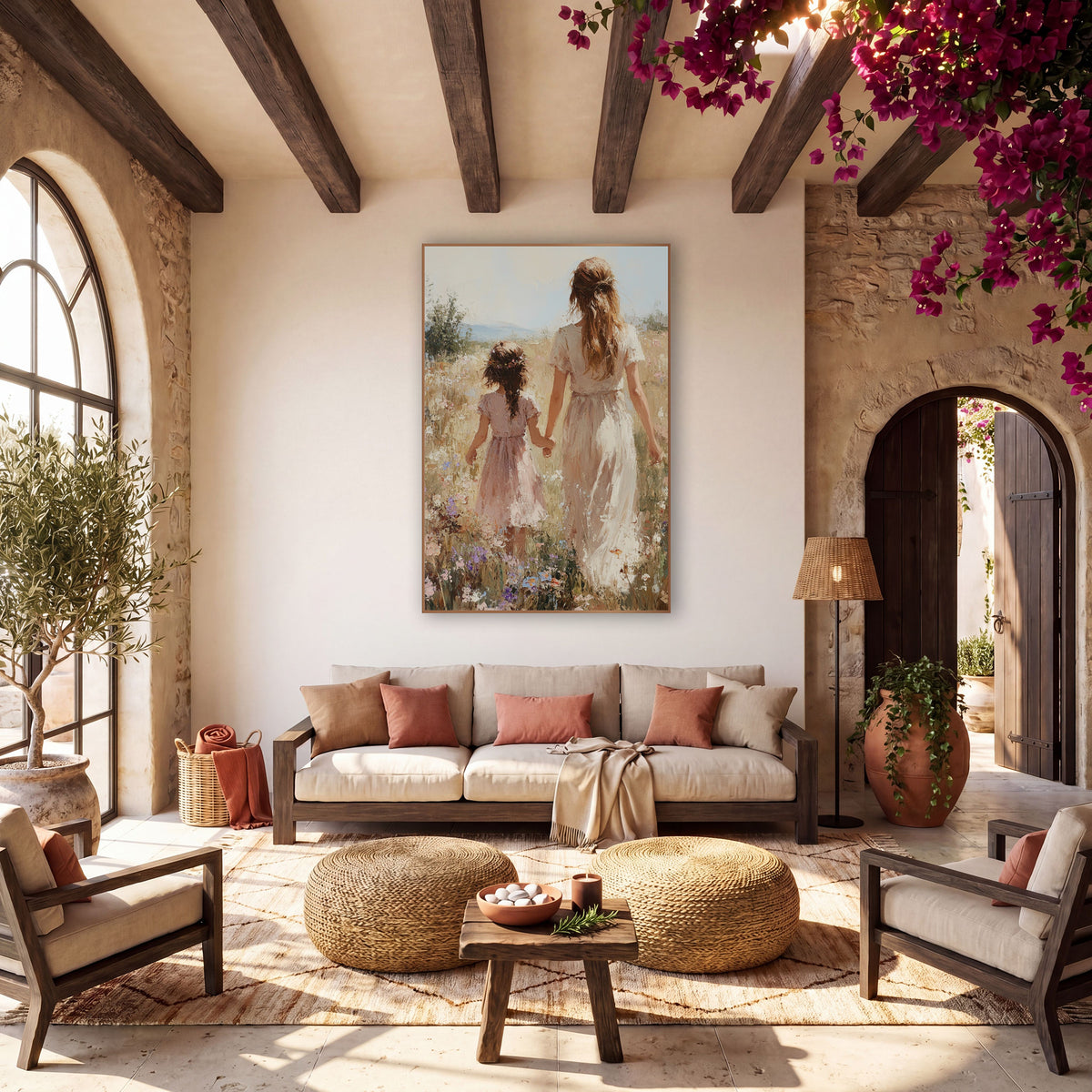 Sunlit Braided Girl Hillside Painterly wall art in a warm boho-style room – woman in cream dress and girl in pink