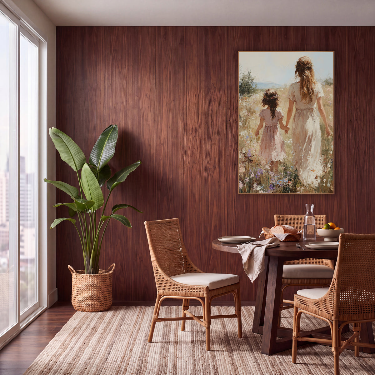 Sunlit Braided Girl Hillside Painterly wall art in a warm boho-style room – woman in cream dress and girl in pink