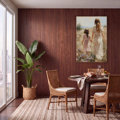 Sunlit Braided Girl Hillside Painterly wall art in a warm boho-style room – woman in cream dress and girl in pink