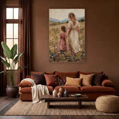 Rose Dress Mountain Meadow Duo Textured wall art in a warm boho-style room – woman in cream dress and girl in rose