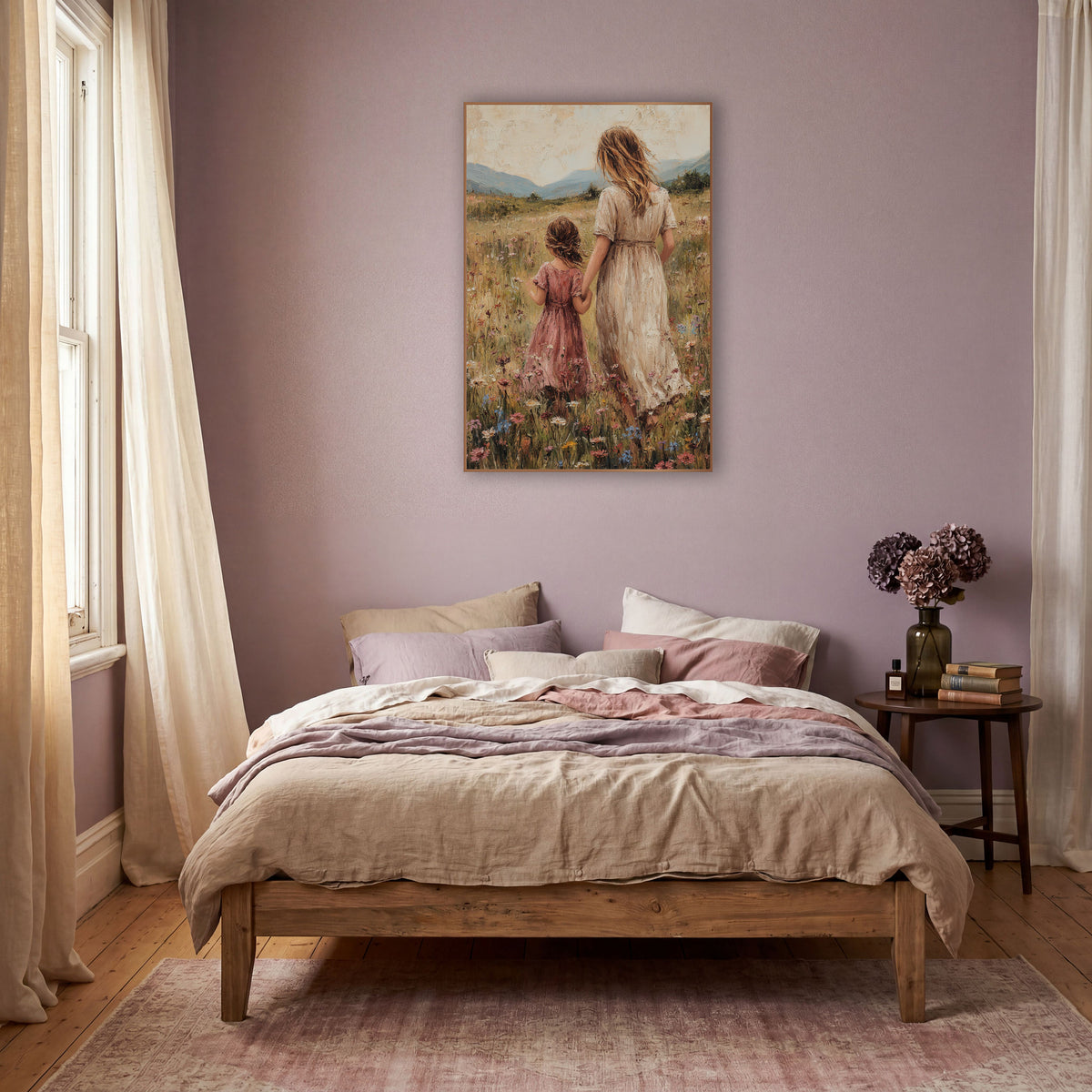 Rose Dress Mountain Meadow Duo Textured wall art in a warm boho-style room – woman in cream dress and girl in rose