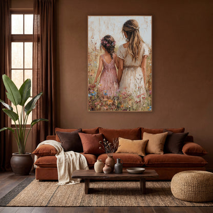 Wildflower Walk Boho Cottage wall art in a warm boho-style room – woman in cream dress and girl in pink dress