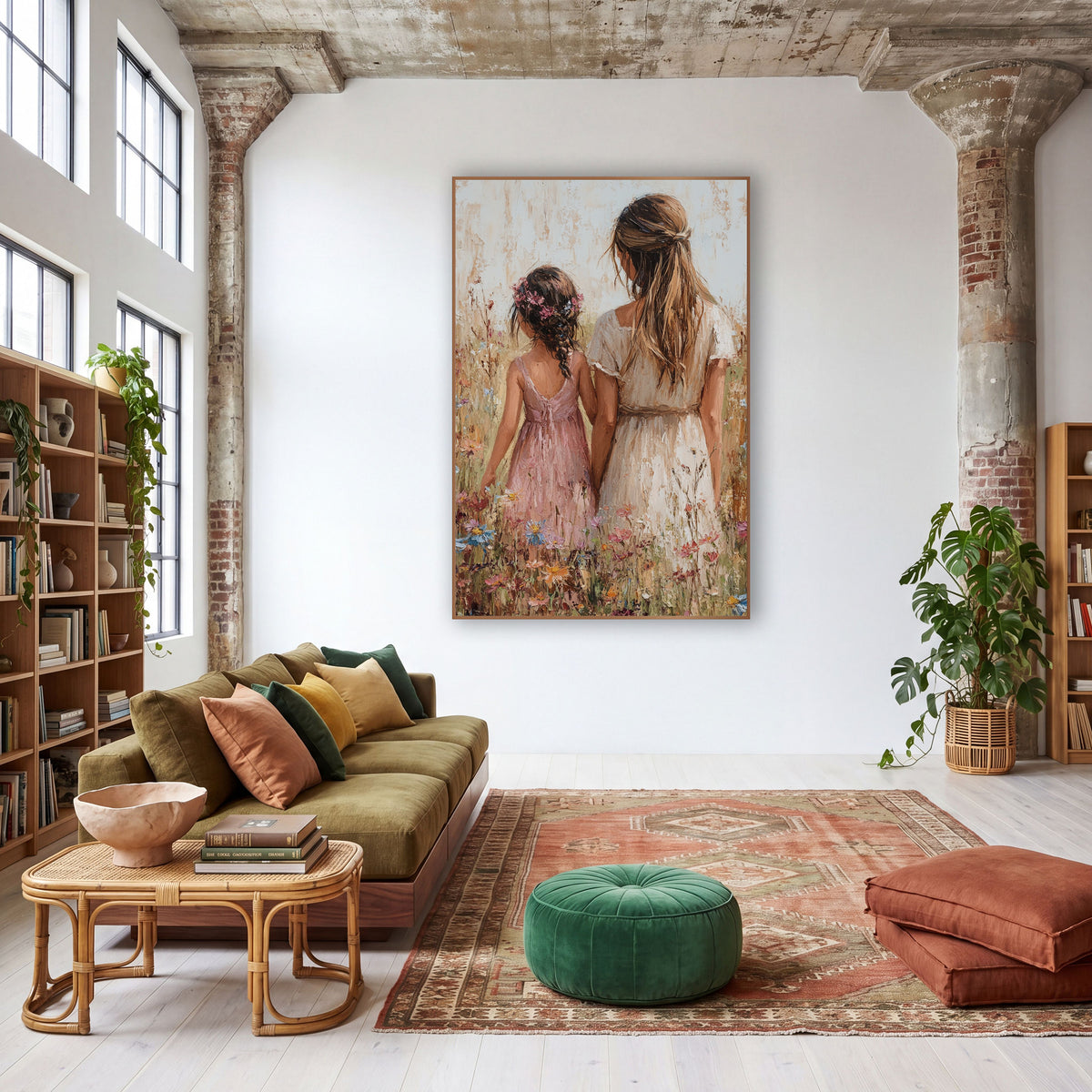 Wildflower Walk Boho Cottage wall art in a warm boho-style room – woman in cream dress and girl in pink dress