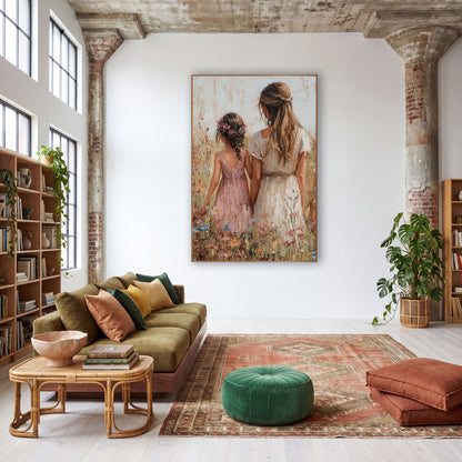 Wildflower Walk Boho Cottage wall art in a warm boho-style room – woman in cream dress and girl in pink dress