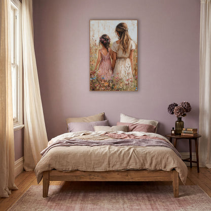 Wildflower Walk Boho Cottage wall art in a warm boho-style room – woman in cream dress and girl in pink dress