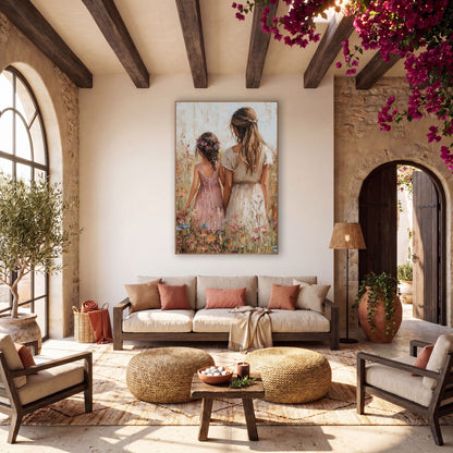Wildflower Walk Boho Cottage wall art in a warm boho-style room – woman in cream dress and girl in pink dress