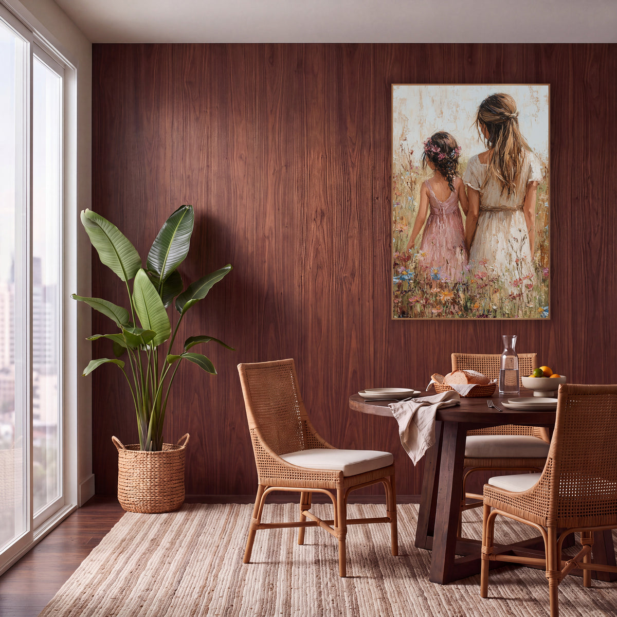 Wildflower Walk Boho Cottage wall art in a warm boho-style room – woman in cream dress and girl in pink dress