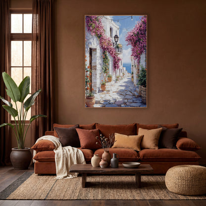 Whitewashed Alley Bougainvillea Mediterranean wall art in a warm boho-style room – narrow whitewashed stone alley