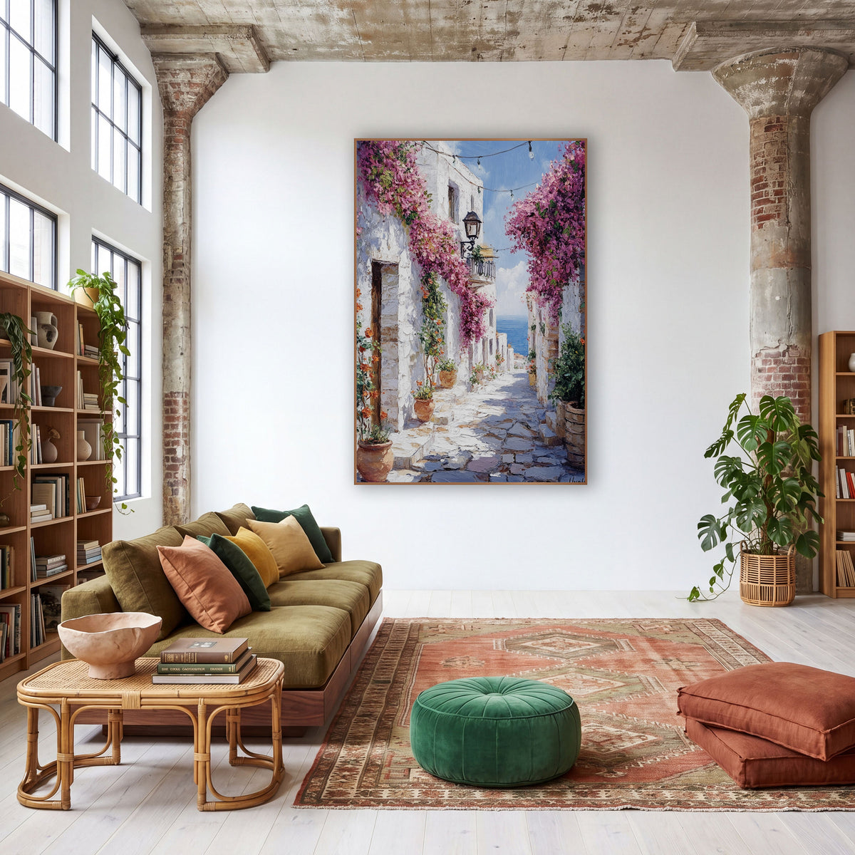 Whitewashed Alley Bougainvillea Mediterranean wall art in a warm boho-style room – narrow whitewashed stone alley