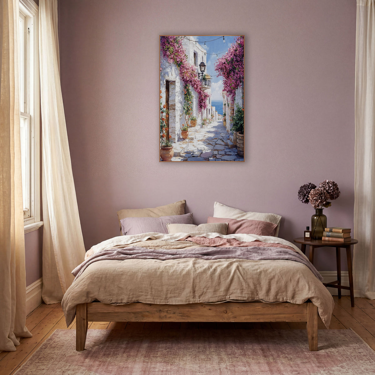 Whitewashed Alley Bougainvillea Mediterranean wall art in a warm boho-style room – narrow whitewashed stone alley