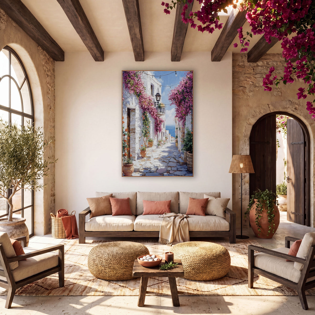 Whitewashed Alley Bougainvillea Mediterranean wall art in a warm boho-style room – narrow whitewashed stone alley