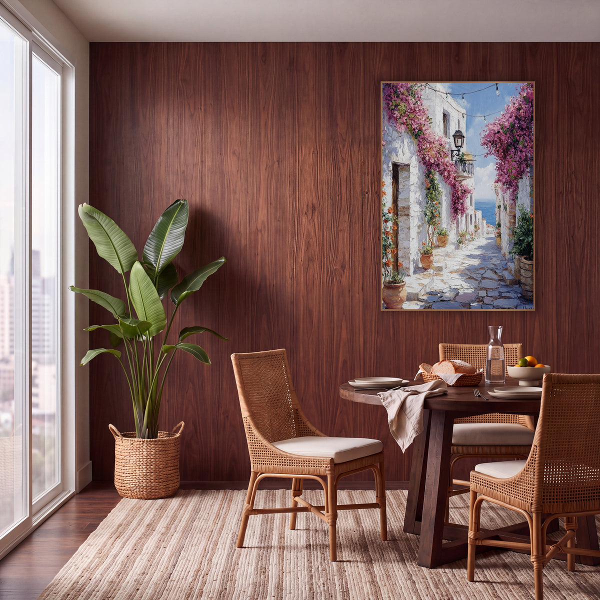 Whitewashed Alley Bougainvillea Mediterranean wall art in a warm boho-style room – narrow whitewashed stone alley