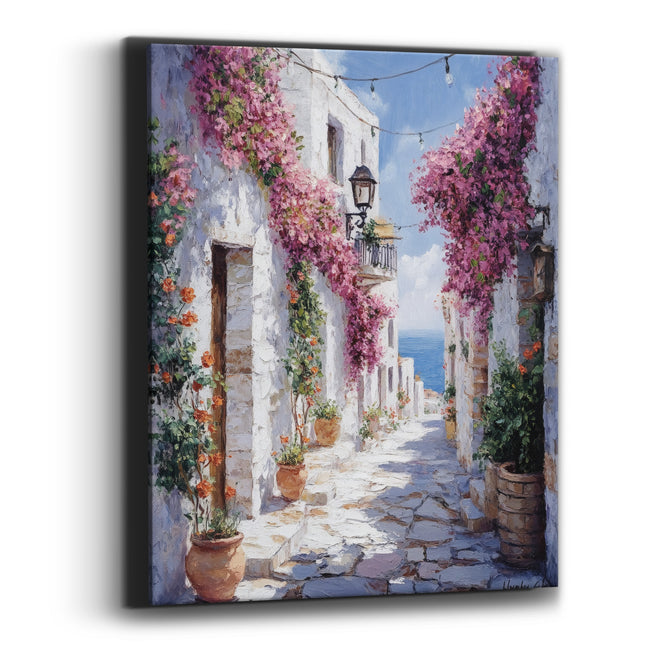 Whitewashed Alley Bougainvillea Mediterranean Canvas Wall Art