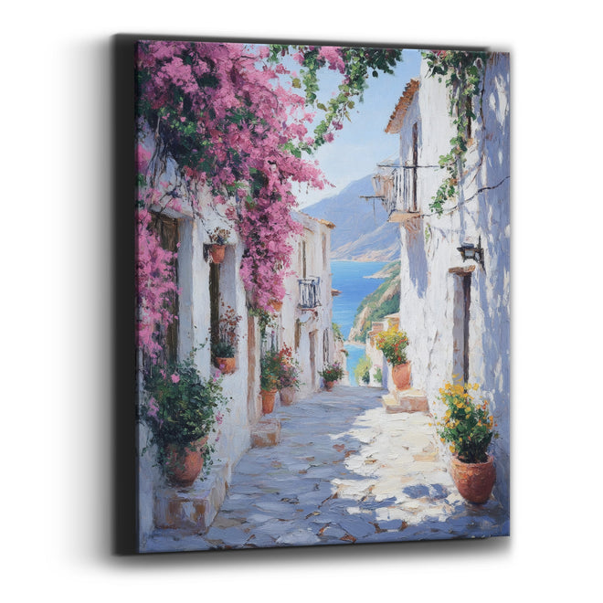 Pink Bougainvillea Seaside Alley Mediterranean Canvas Wall Art