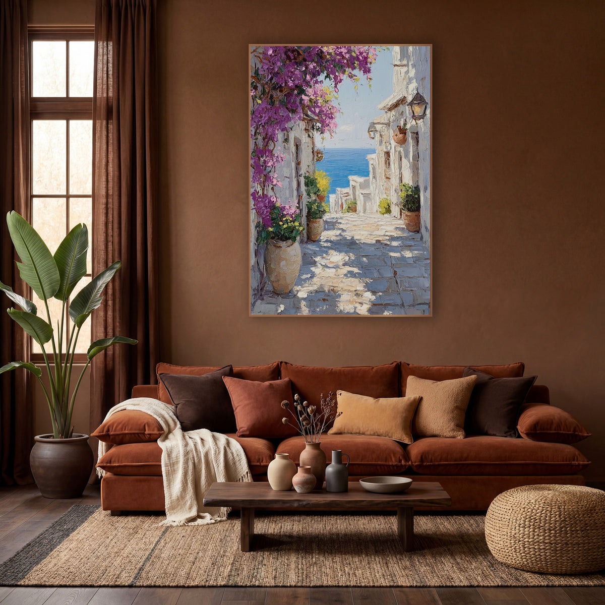 Bougainvillea Seaside Alley Mediterranean wall art in a warm boho-style room – narrow sunlit stone alley with magenta