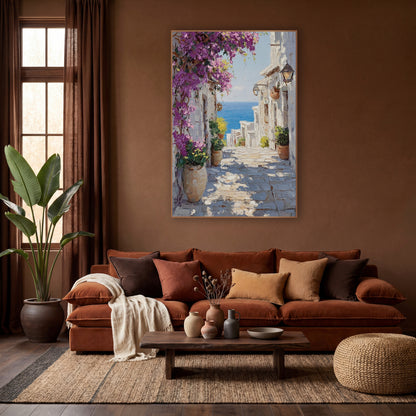 Bougainvillea Seaside Alley Mediterranean wall art in a warm boho-style room – narrow sunlit stone alley with magenta