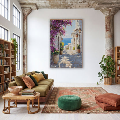 Bougainvillea Seaside Alley Mediterranean wall art in a warm boho-style room – narrow sunlit stone alley with magenta