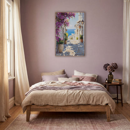 Bougainvillea Seaside Alley Mediterranean wall art in a warm boho-style room – narrow sunlit stone alley with magenta