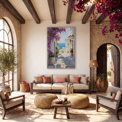 Bougainvillea Seaside Alley Mediterranean wall art in a warm boho-style room – narrow sunlit stone alley with magenta