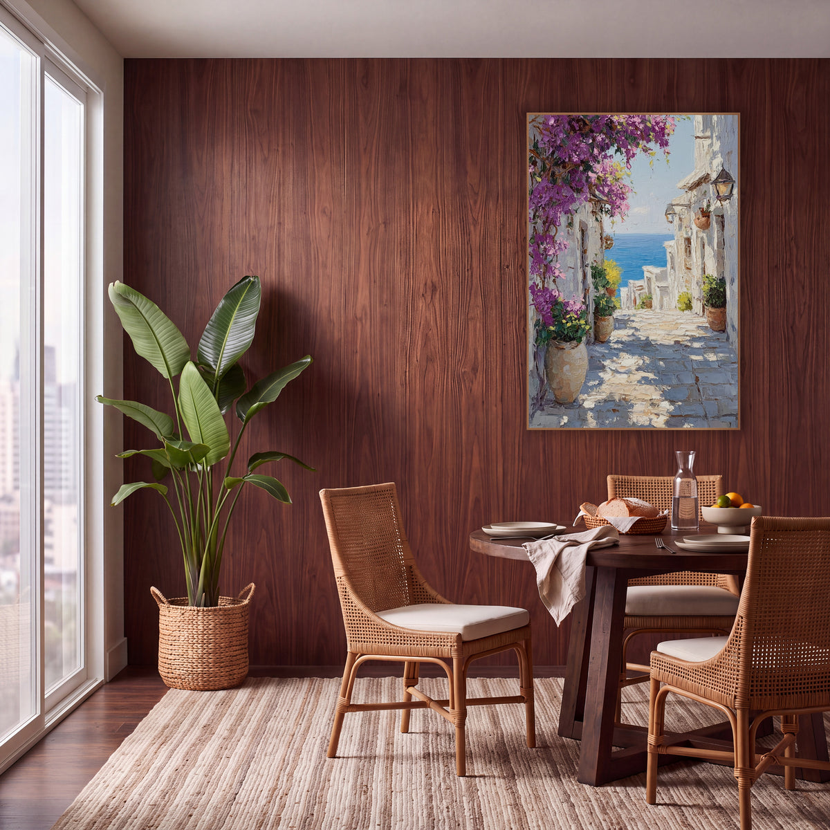 Bougainvillea Seaside Alley Mediterranean wall art in a warm boho-style room – narrow sunlit stone alley with magenta