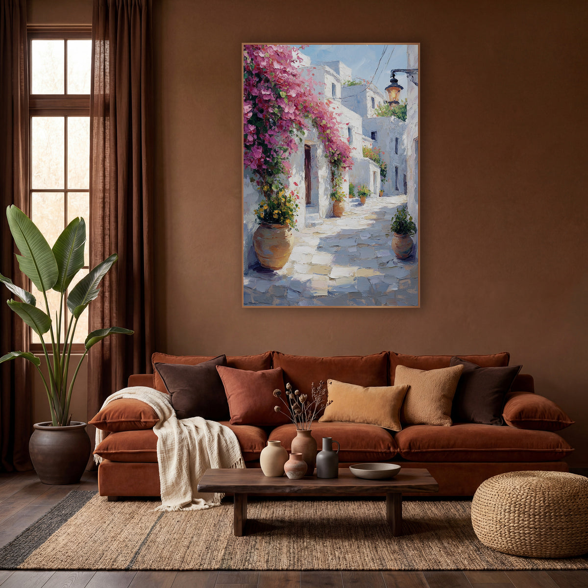 Pink Bougainvillea Whitewashed Alley Mediterranean wall art in a warm boho-style room – pink bougainvillea over white