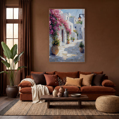 Pink Bougainvillea Whitewashed Alley Mediterranean wall art in a warm boho-style room – pink bougainvillea over white