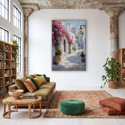 Pink Bougainvillea Whitewashed Alley Mediterranean wall art in a warm boho-style room – pink bougainvillea over white