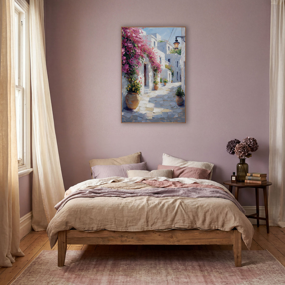 Pink Bougainvillea Whitewashed Alley Mediterranean wall art in a warm boho-style room – pink bougainvillea over white