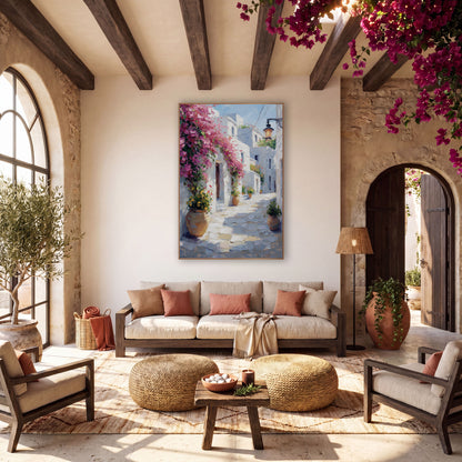 Pink Bougainvillea Whitewashed Alley Mediterranean wall art in a warm boho-style room – pink bougainvillea over white
