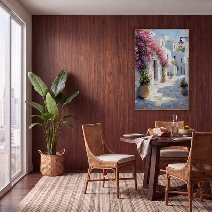 Pink Bougainvillea Whitewashed Alley Mediterranean wall art in a warm boho-style room – pink bougainvillea over white