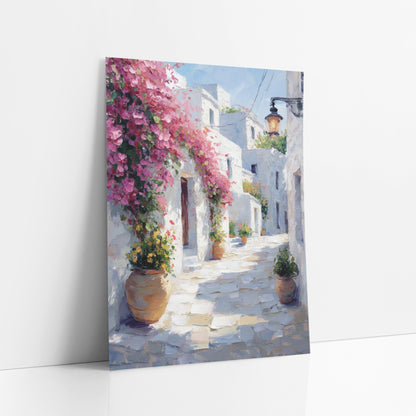 Pink Bougainvillea Whitewashed Alley Mediterranean art print leaning against a white wall – pink bougainvillea over white