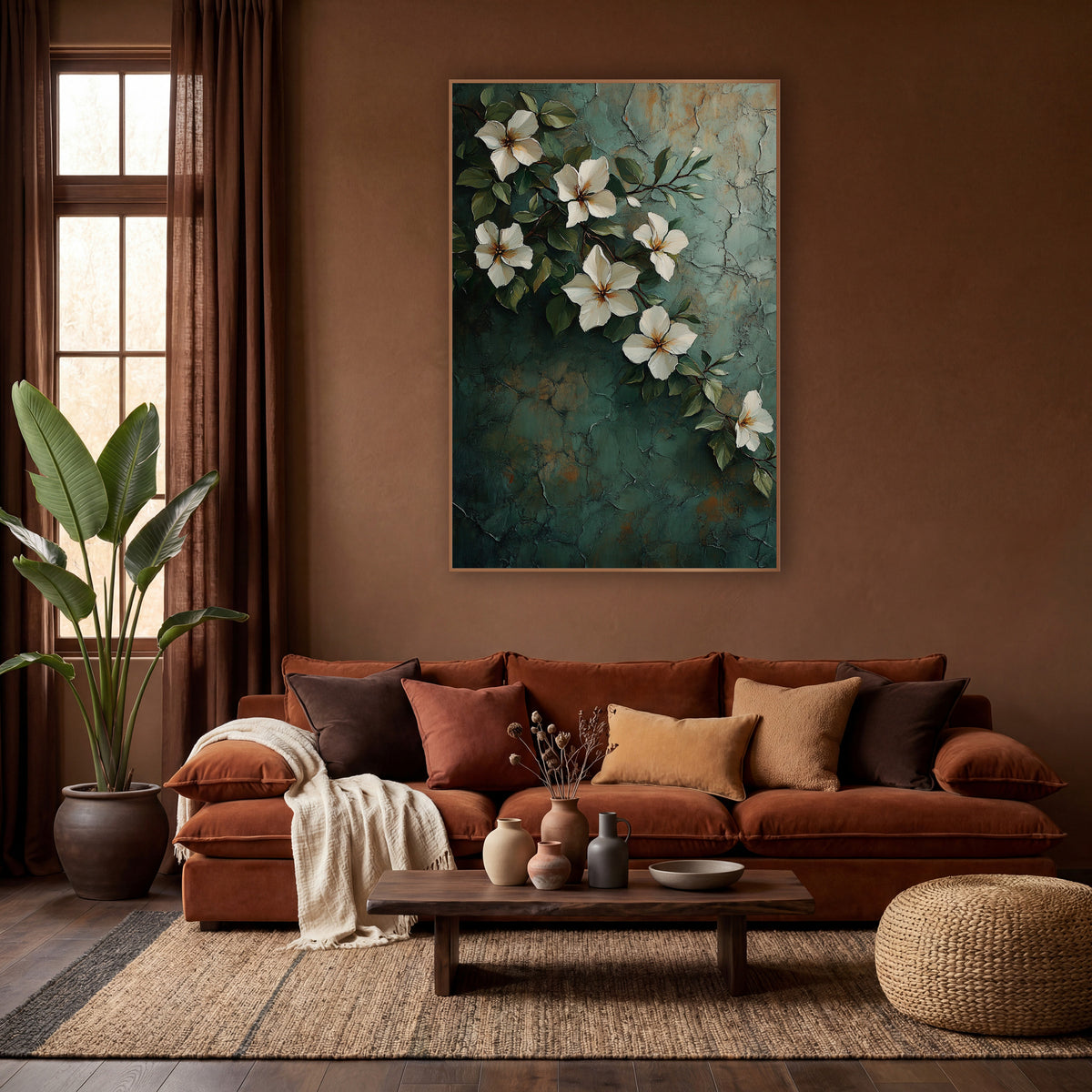 White Jasmine Vine Boho wall art in a warm boho-style room – cream-white jasmine flowers and green leaves on a thin