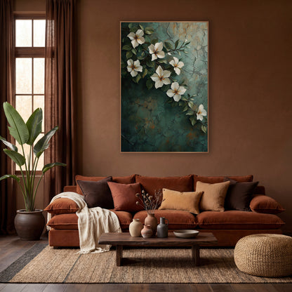 White Jasmine Vine Boho wall art in a warm boho-style room – cream-white jasmine flowers and green leaves on a thin