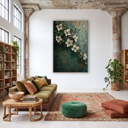 White Jasmine Vine Boho wall art in a warm boho-style room – cream-white jasmine flowers and green leaves on a thin