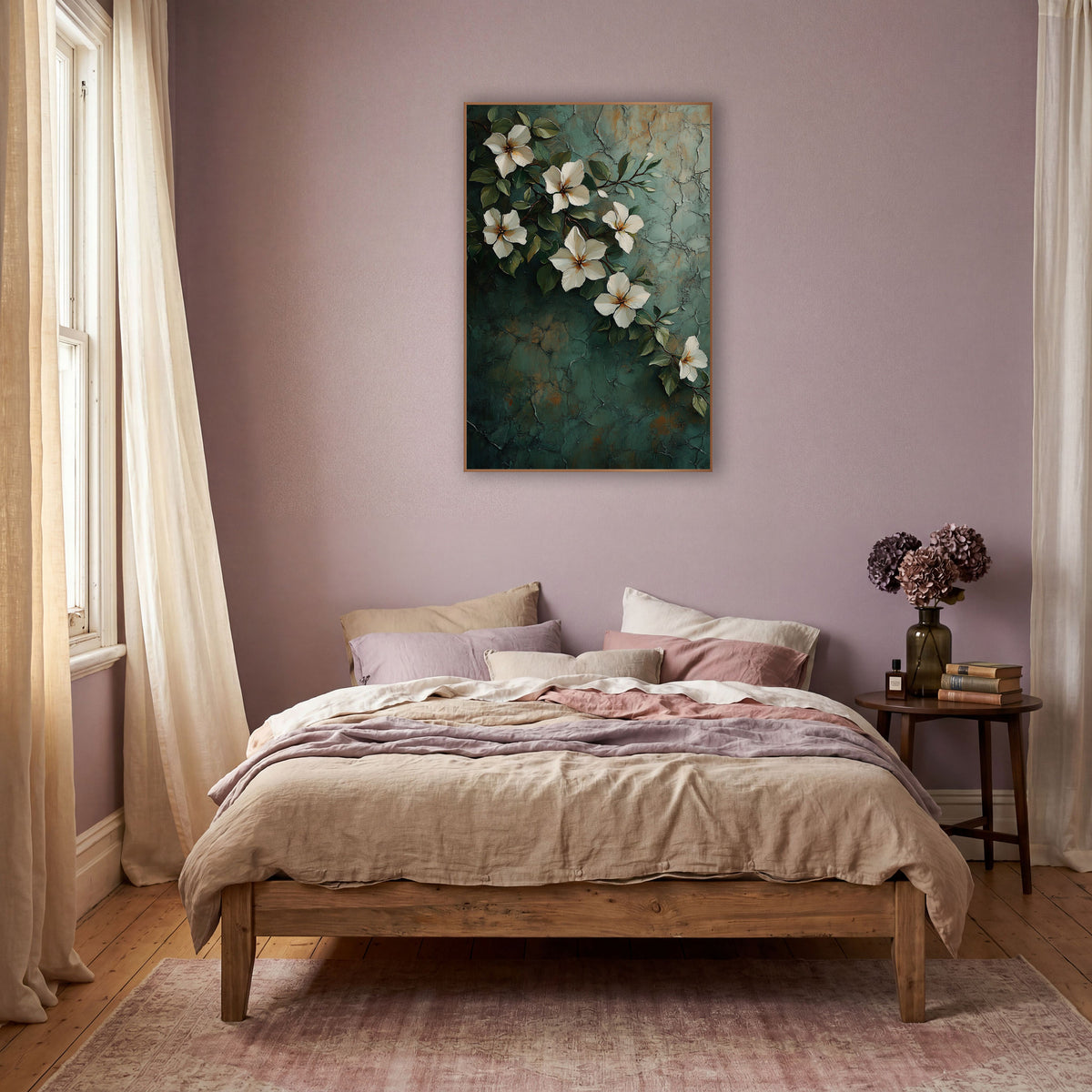 White Jasmine Vine Boho wall art in a warm boho-style room – cream-white jasmine flowers and green leaves on a thin