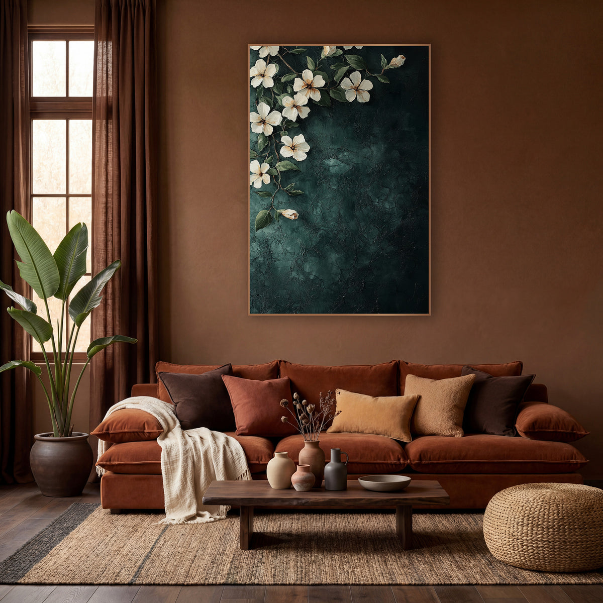 Cornered Jasmine Dark Teal Botanical wall art in a warm boho-style room – cream jasmine flowers and green leaves