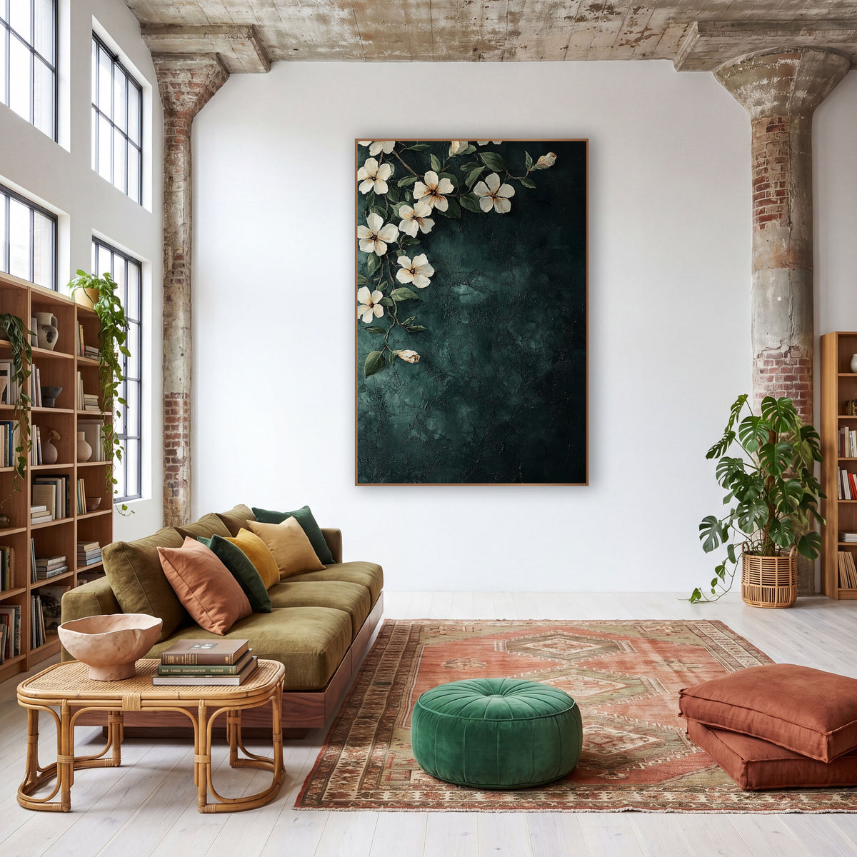 Cornered Jasmine Dark Teal Botanical wall art in a warm boho-style room – cream jasmine flowers and green leaves