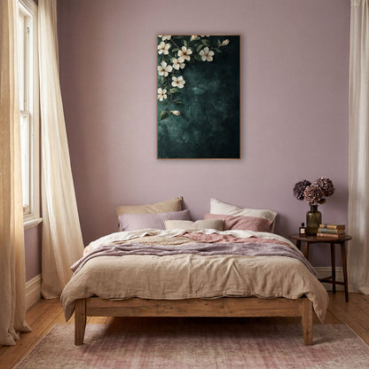 Cornered Jasmine Dark Teal Botanical wall art in a warm boho-style room – cream jasmine flowers and green leaves