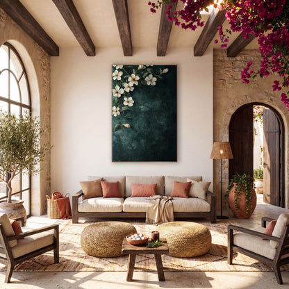 Cornered Jasmine Dark Teal Botanical wall art in a warm boho-style room – cream jasmine flowers and green leaves