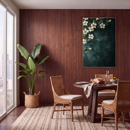 Cornered Jasmine Dark Teal Botanical wall art in a warm boho-style room – cream jasmine flowers and green leaves