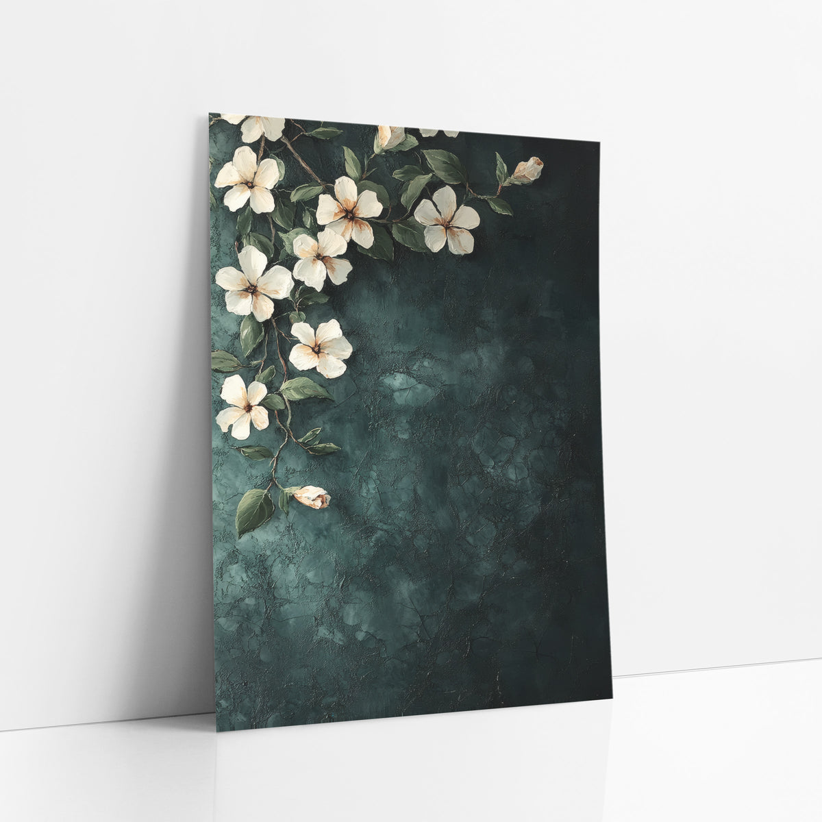 Cornered Jasmine Dark Teal Botanical art print leaning against a white wall – cream jasmine flowers and green leaves on thin