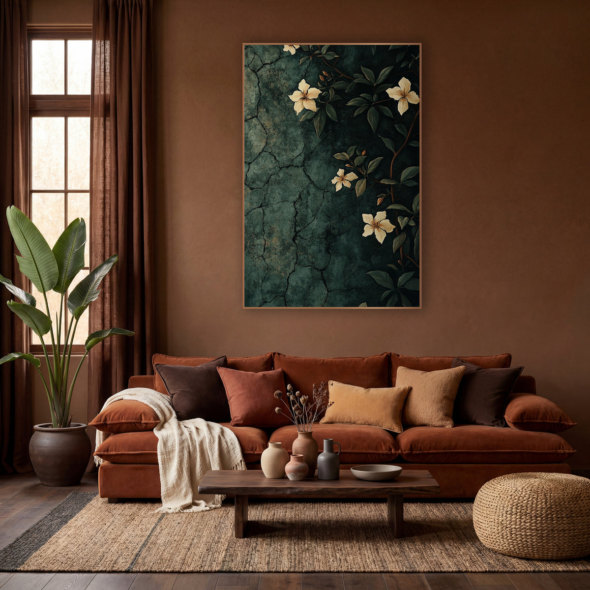 Climbing Jasmine Crackle Wall Moody Floral wall art in a warm boho-style room – cream jasmine flowers