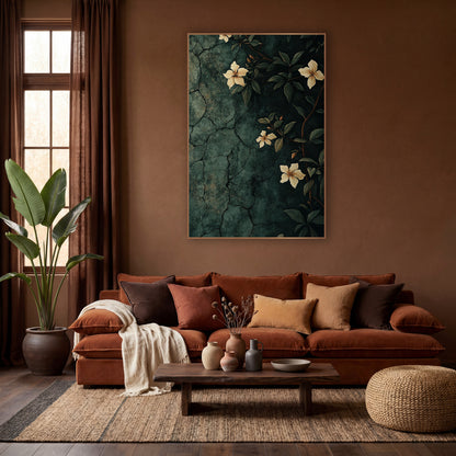 Climbing Jasmine Crackle Wall Moody Floral wall art in a warm boho-style room – cream jasmine flowers