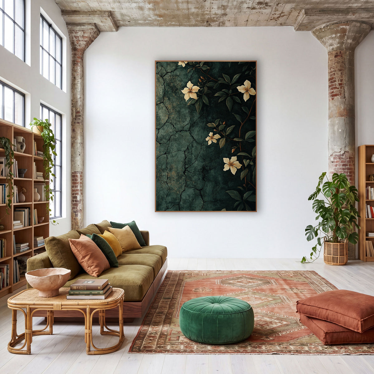 Climbing Jasmine Crackle Wall Moody Floral wall art in a warm boho-style room – cream jasmine flowers
