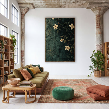 Climbing Jasmine Crackle Wall Moody Floral wall art in a warm boho-style room – cream jasmine flowers