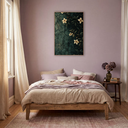 Climbing Jasmine Crackle Wall Moody Floral wall art in a warm boho-style room – cream jasmine flowers