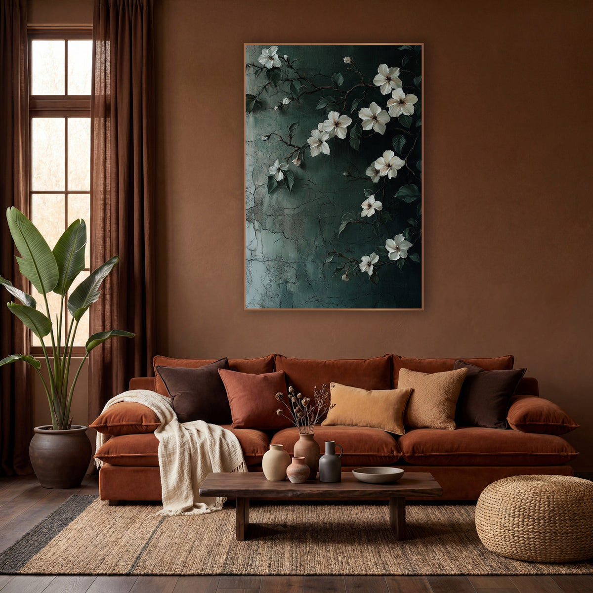Climbing White Jasmine Vine Botanical wall art in a warm boho-style room – white jasmine flowers and dark green leaves